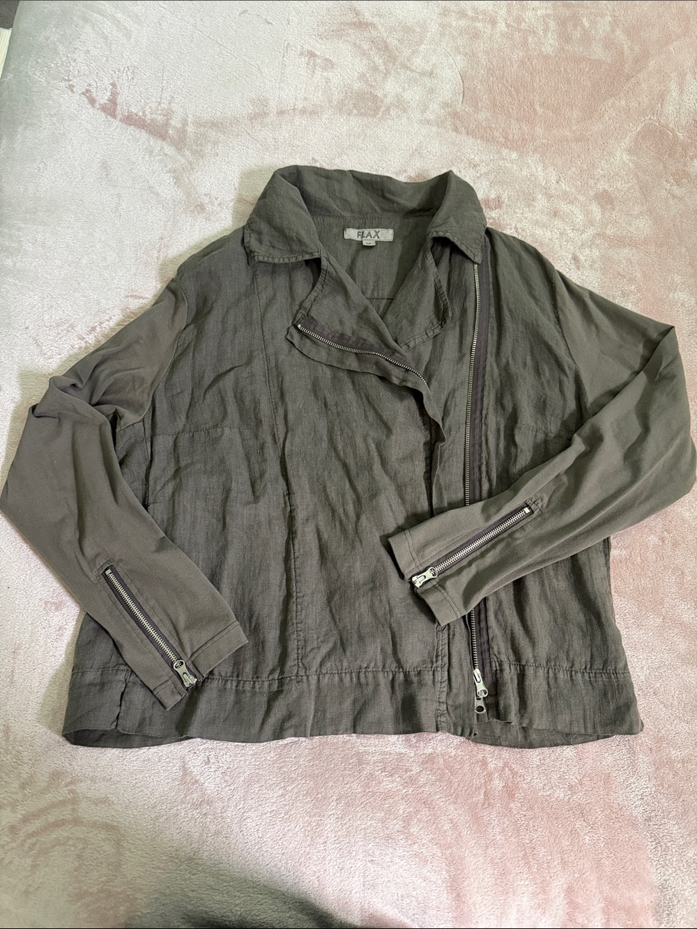 Flax Brown Asymmetrical Zip Lightweight Linen and Cotton Blend Jacket